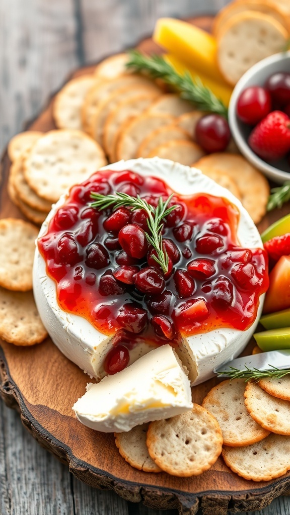 Baked brie topped with cranberry sauce on a wooden board with crackers and fruit.